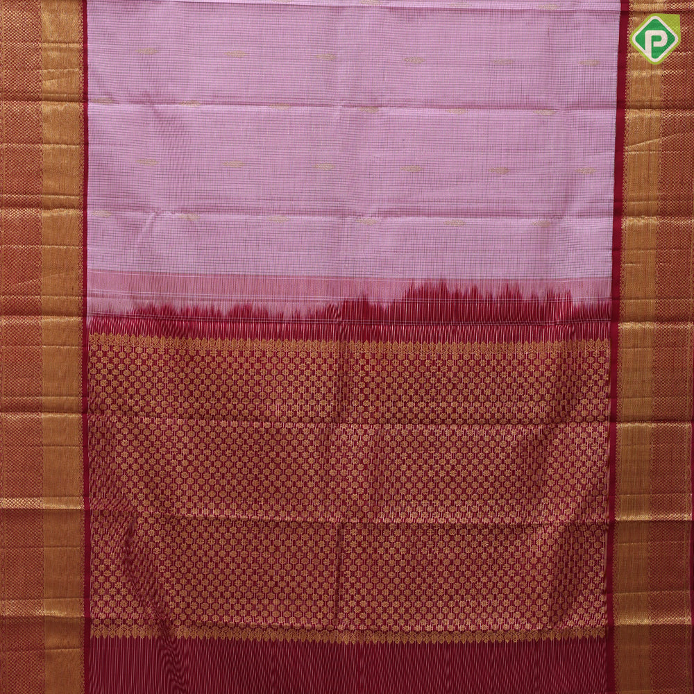candy pink gold zari green thread checks and butta design maroon gold zari dual design border traditional silk saree