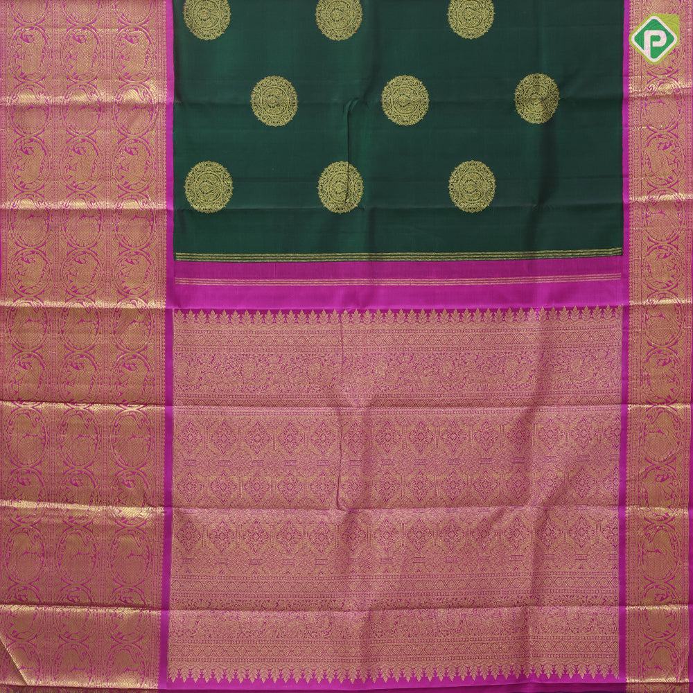 Bottle Green Gold Zari Thambulam Butta Design Pink Elephant Ruthracham Border Design Traditional Silk Saree