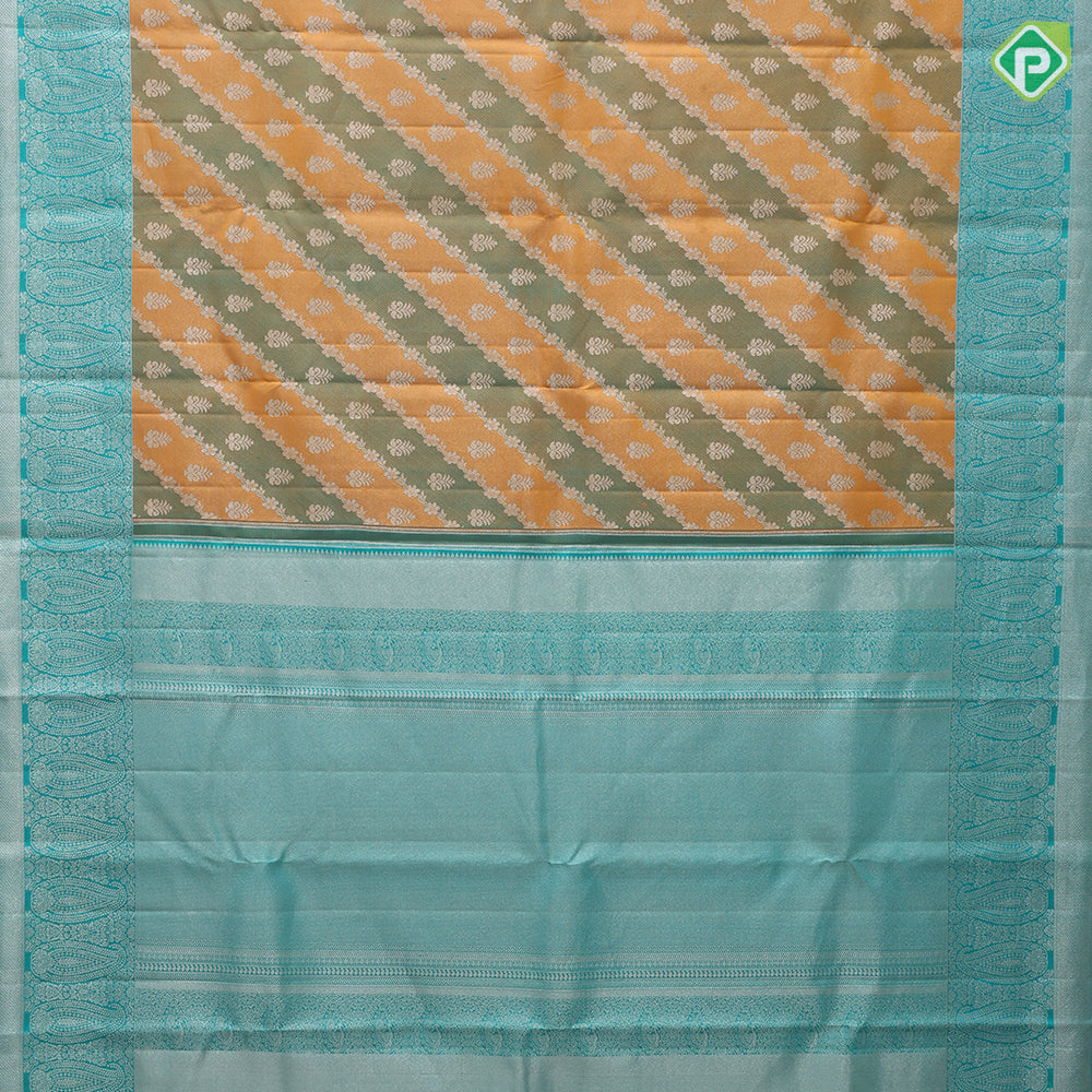 Golden yellow base silver gold zari grand floral creeper design sea green silver gold zari mango border Rangkat silk saree