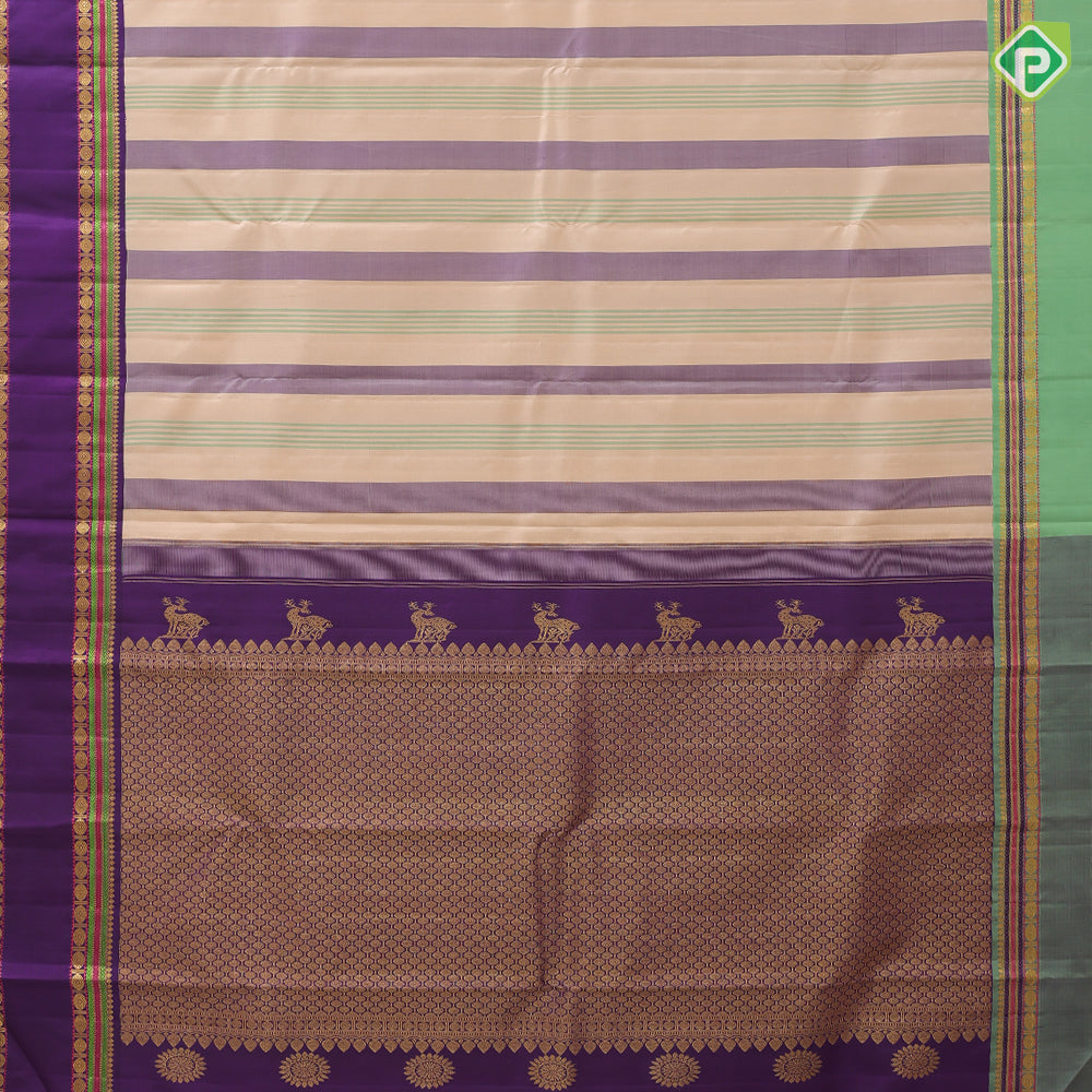 Sandal multi color multi stripes design blue and green gold zari thread work retta pett paalum pazhamum border traditional silk saree