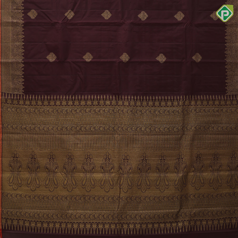 brown gold zari leaf butta motif self gold zari peacock banaras style design edge border gift silk saree