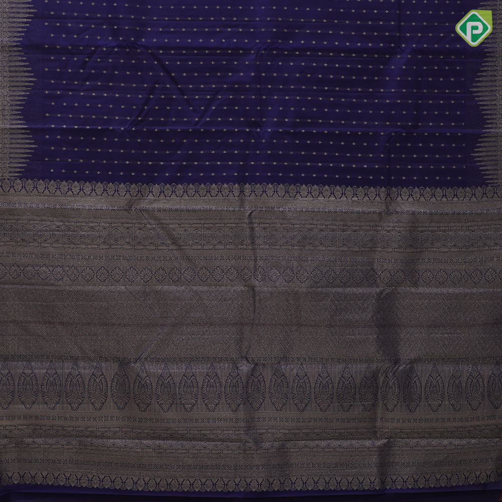 Indigo blue gold zari small butta lines design self with fancy design edge border gift silk saree