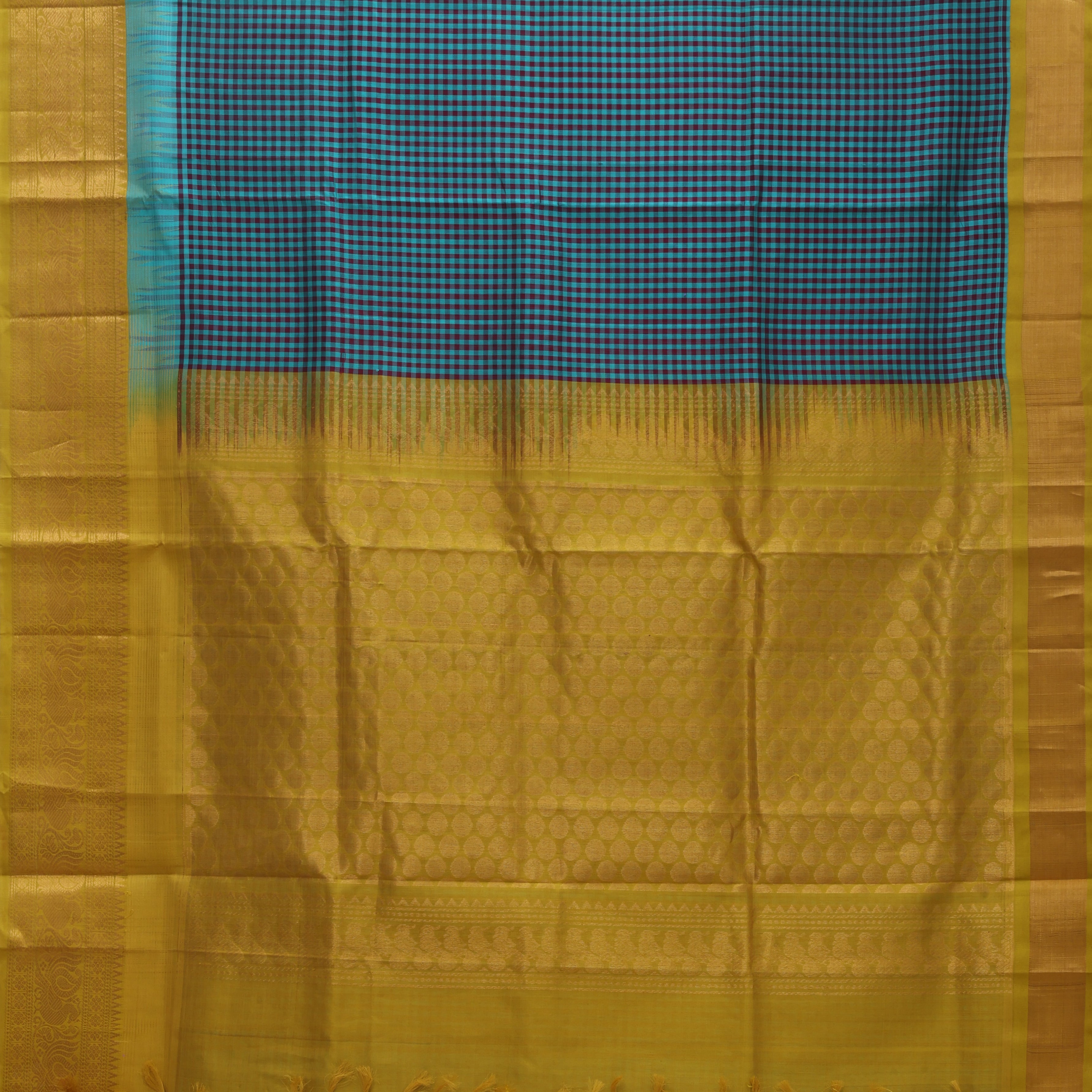 Green base Multi color checked grand pallu Lemon green gold zari koorvai temple border silk cotton saree