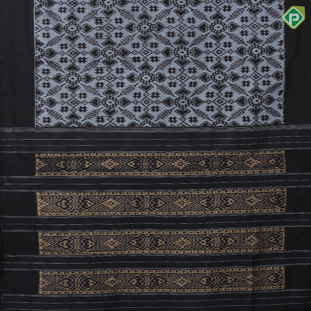 silver grey base black ikkat design black plain border ikkat design silk saree