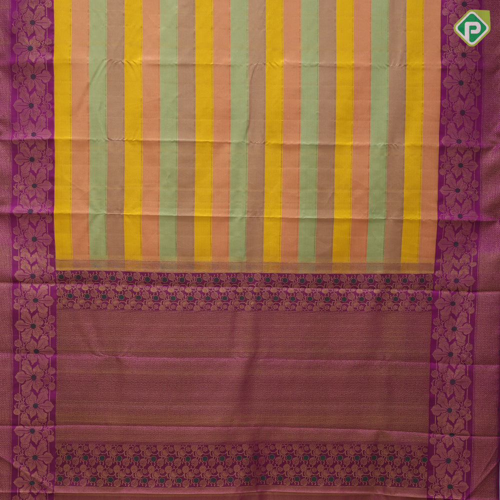 Multi color lines design contrast purple gold zari floral meena work border Trendy designer silk saree