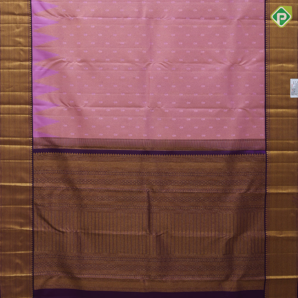Bubble gum pink gold zari temple tissue thread butta purple gold zari bavanji border traditional silk saree