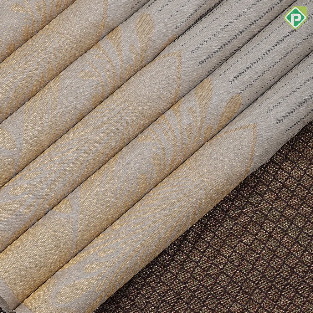half white with brown arrow stripes design self gold zari fancy floral zig zag pattern butta border trendy designer silk saree
