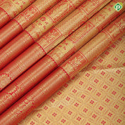 Rose red gold zari multi design embossed self gold zari rangoli border self weaved silk saree