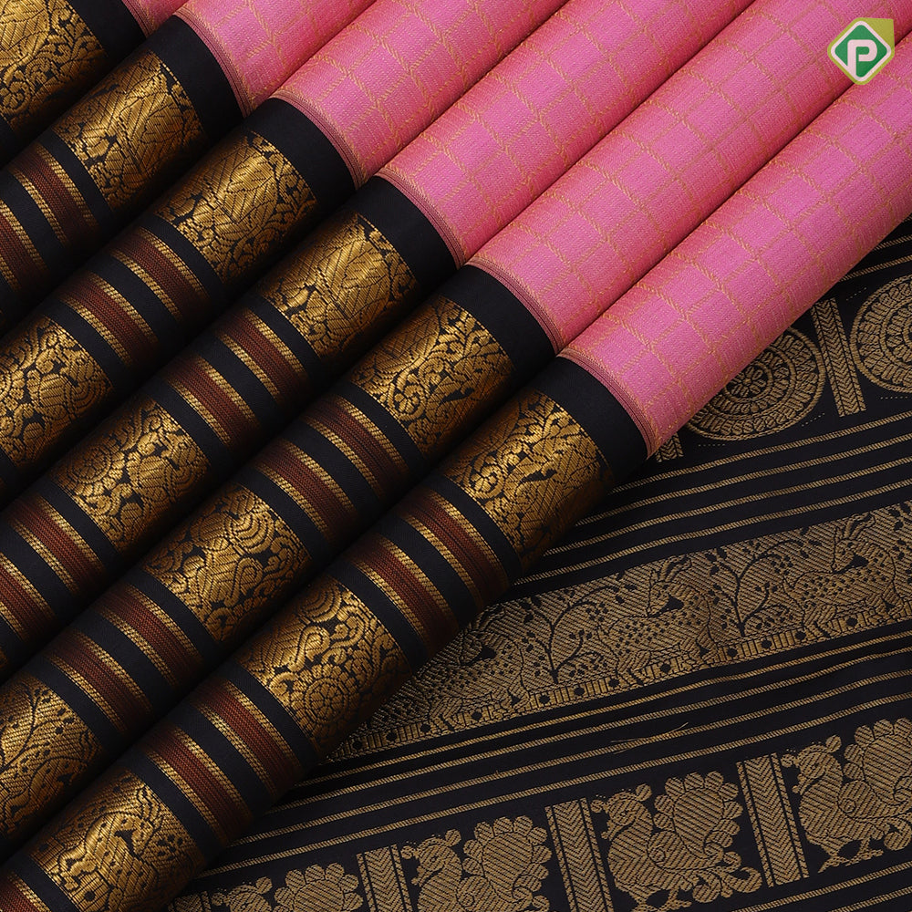 Candy pink gold zari kattam design black gold zari classic animals butta lines border traditional silk saree
