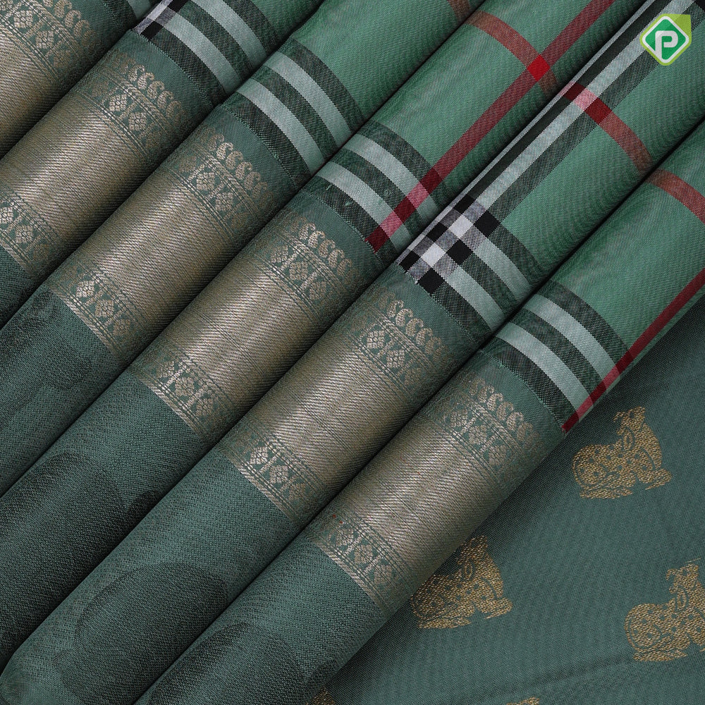 Sage green base multi color barbarian madras checks design self silver gold zari thread nandi butta border traditional silk saree