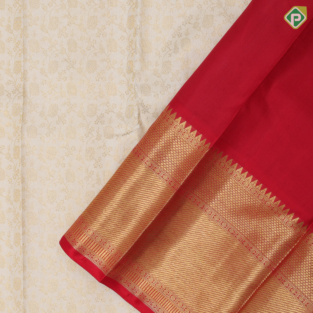 White gold zari small floral creeper grand design rani red gold zari multi design lines border Exclusive bridal silk saree