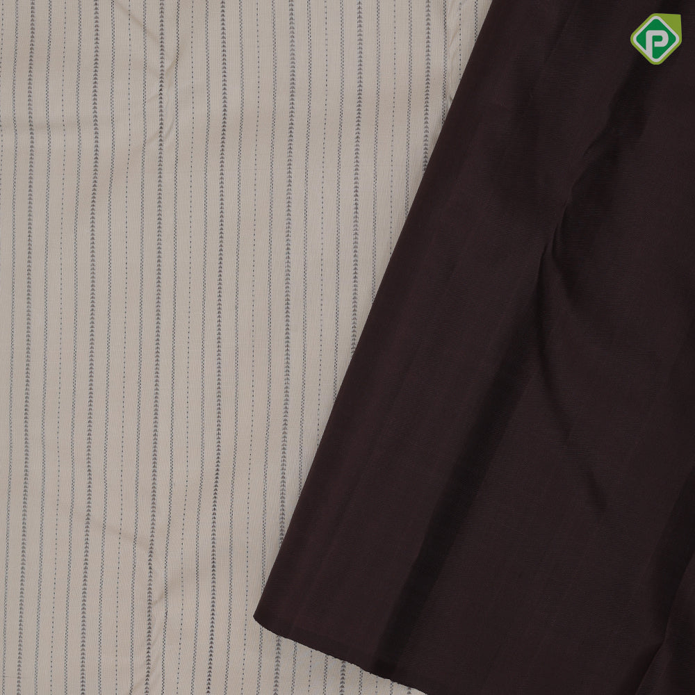 half white with brown arrow stripes design self gold zari fancy floral zig zag pattern butta border trendy designer silk saree
