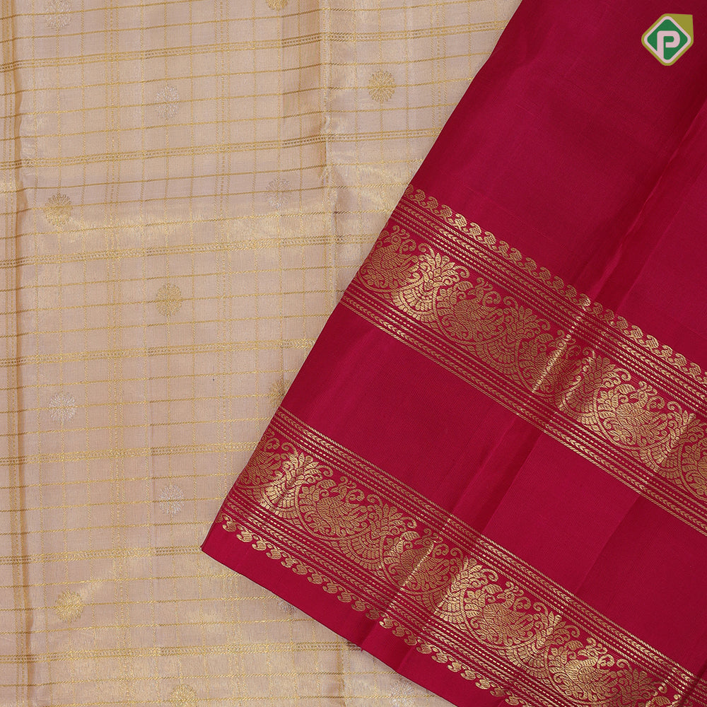 Candy peach gold zari kattam butta design Rani pink gold zari Thick retta pattai border shimmer fusion silk saree
