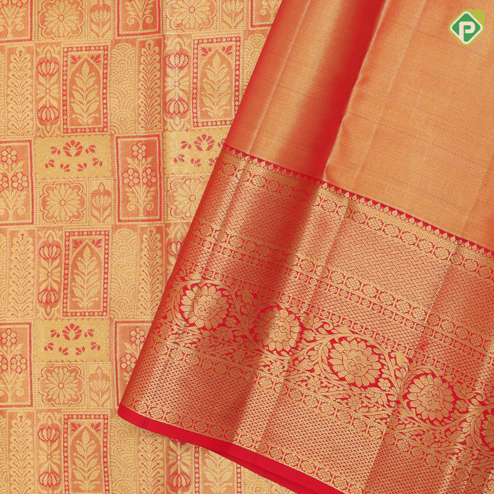 Rose red gold zari multi design embossed self gold zari rangoli border self weaved silk saree
