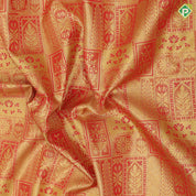 Rose red gold zari multi design embossed self gold zari rangoli border self weaved silk saree