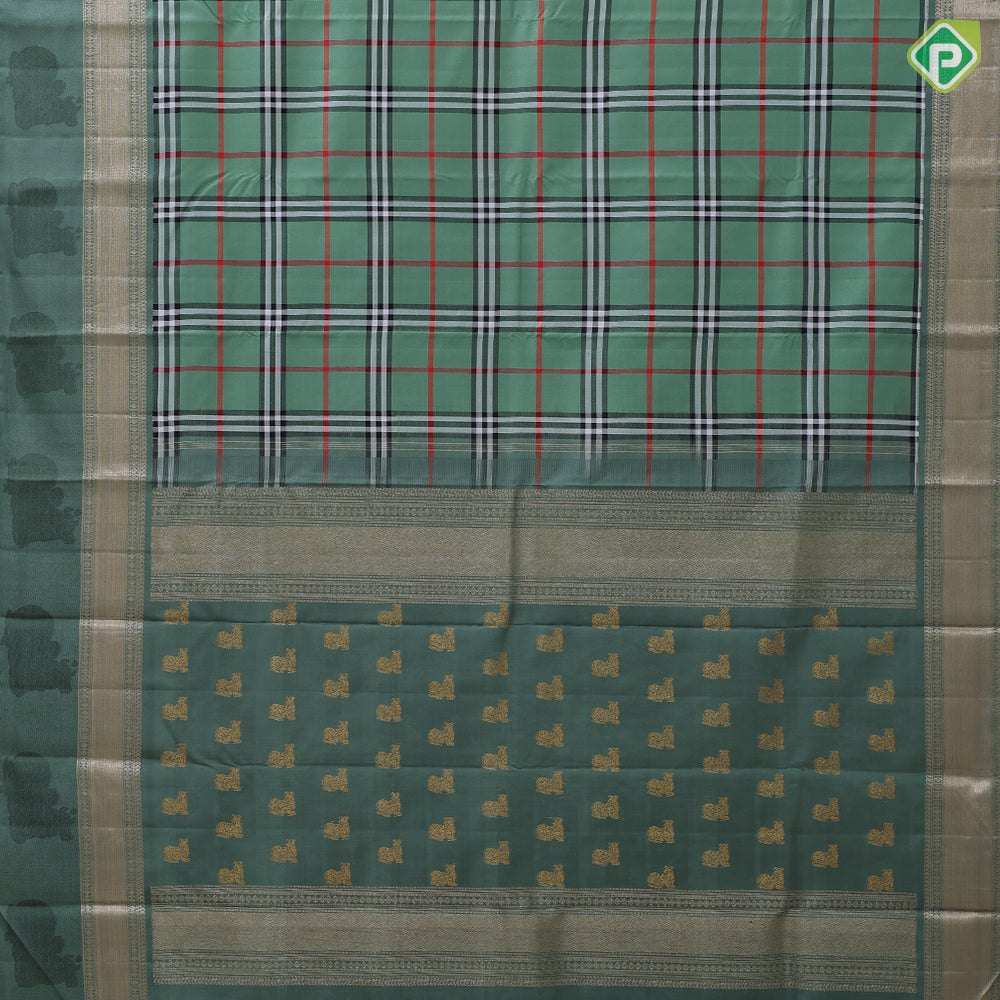 Sage green base multi color barbarian madras checks design self silver gold zari thread nandi butta border traditional silk saree