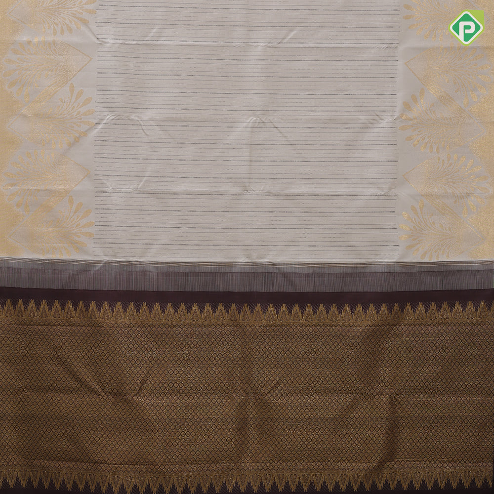 half white with brown arrow stripes design self gold zari fancy floral zig zag pattern butta border trendy designer silk saree