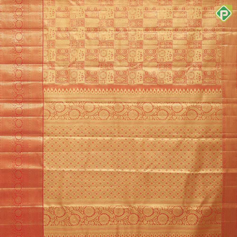 Rose red gold zari multi design embossed self gold zari rangoli border self weaved silk saree