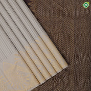 half white with brown arrow stripes design self gold zari fancy floral zig zag pattern butta border trendy designer silk saree
