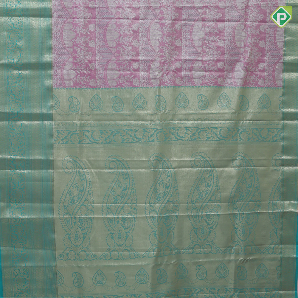 Pink silver zari fancy flower and arch design rama green gold zari rangoli border tissue art silk saree