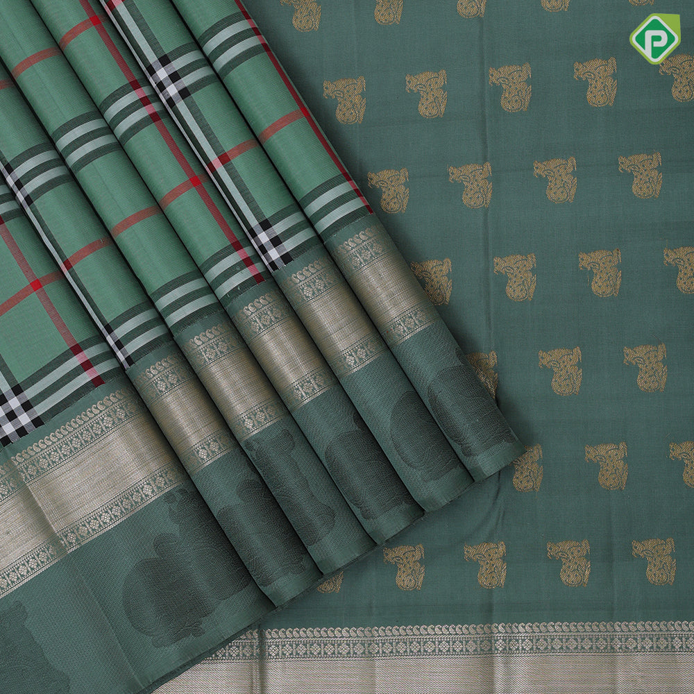 Sage green base multi color barbarian madras checks design self silver gold zari thread nandi butta border traditional silk saree