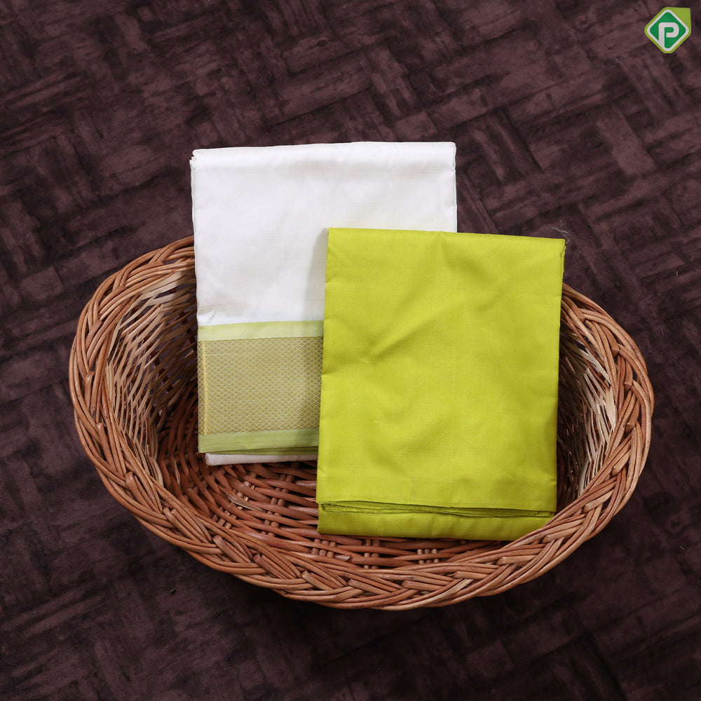 Cream White Parrot green Gold Zari 120 Kuligai Mayikan Border Vest Dhoti Shirt Set