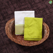 Cream White Parrot green Gold Zari 120 Kuligai Mayikan Border Vest Dhoti Shirt Set