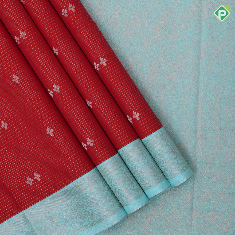 Tomato red gold zari lines and star butta design sky blue neem zari rangoli border art silk saree