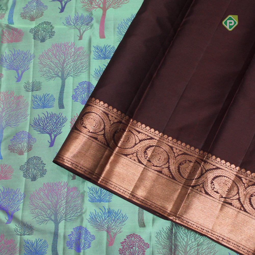 Pista Green Copper Zari Bavanji Floral Design Border Trendy Designer Silk Saree