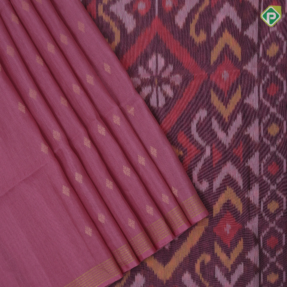 Lavender gold zari diamond shape flower butta motifs self gold zari lines border ikkat design pallu linen soft silk saree