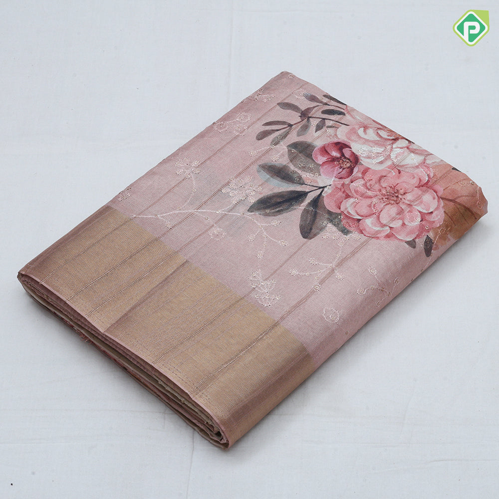 peach flower print and embroidered design gold zari plain border fancy cotton saree