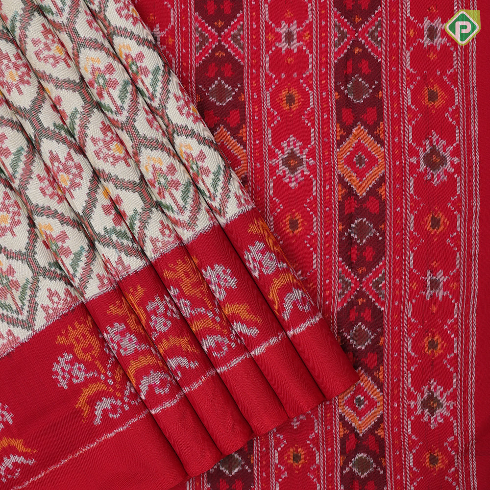cream white with multi color ikkat design maroon red ikkat design half plain border ikkat silk saree