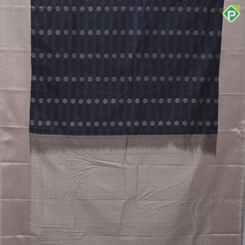 Indigo blue gold zari chakkaram butta design half white zari rangoli butta border Art silk saree