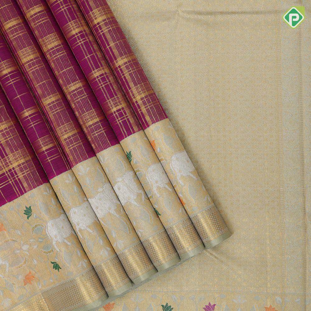 magenta gold zari multi lines checks design mint green gold zari meena work design border pichwai fusion silk saree