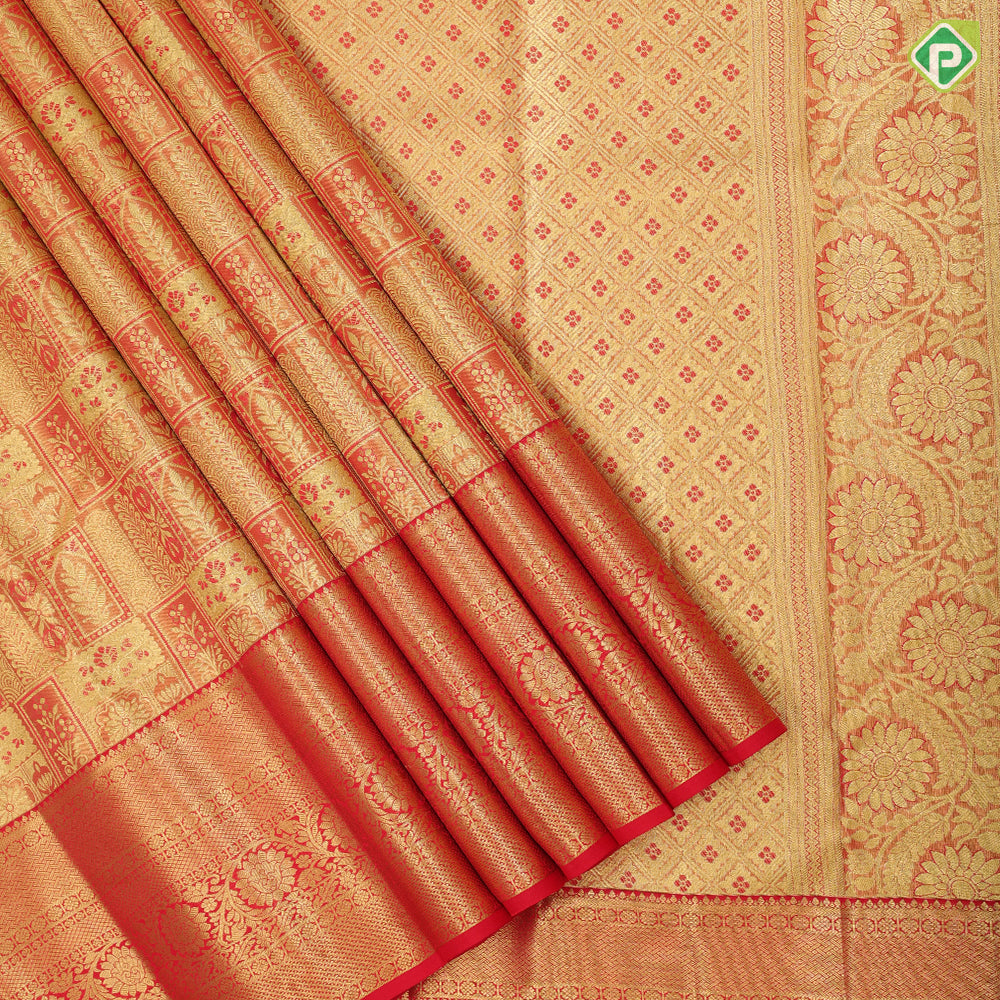 Rose red gold zari multi design embossed self gold zari rangoli border self weaved silk saree