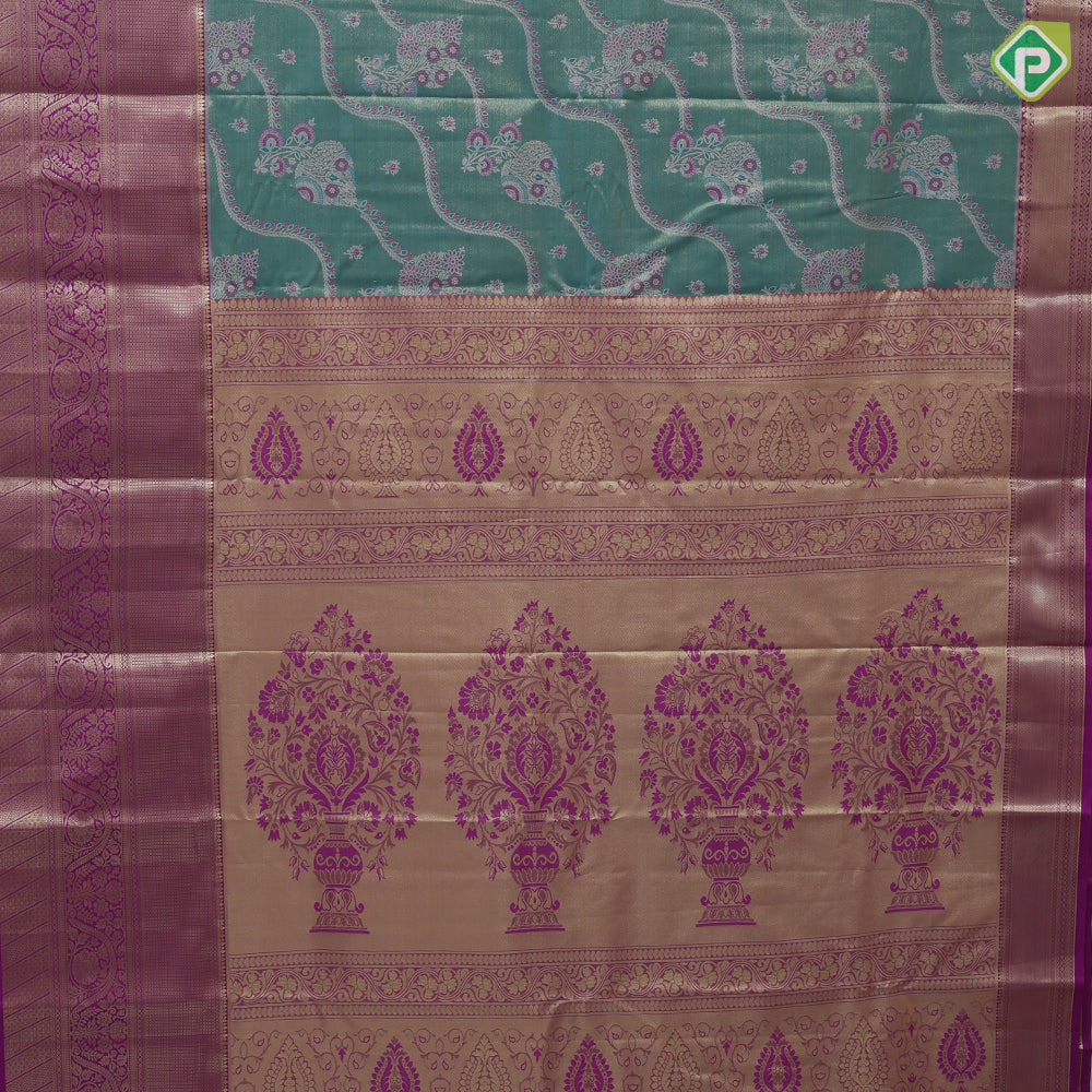 Rama green silk thread floral design rani pink gold zari grand border art tissue silk saree