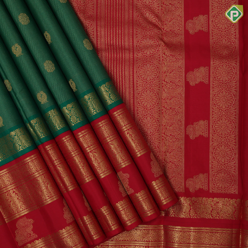 Forest green gold zari vairaoosi peacock chakkaram contrast red gold zari gaja yaali butta border traditional vintage silk saree