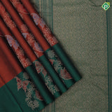 Rust color gold zari butterfly with flower creeper contrast green meena work border pure mix silk saree