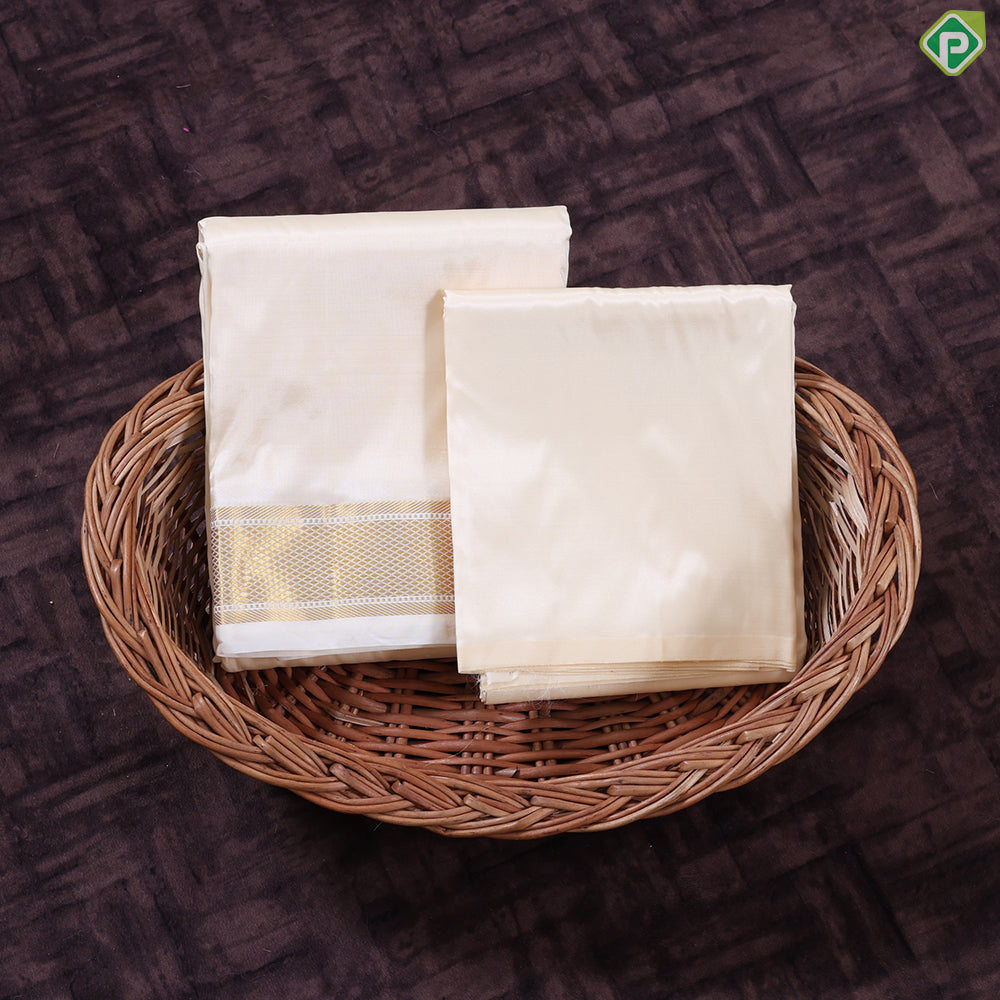 Creamy Sandal Gold Zari Mayilkan Border 2 in 1 Pure Mix Silk 8 Muzham Dhothi Set