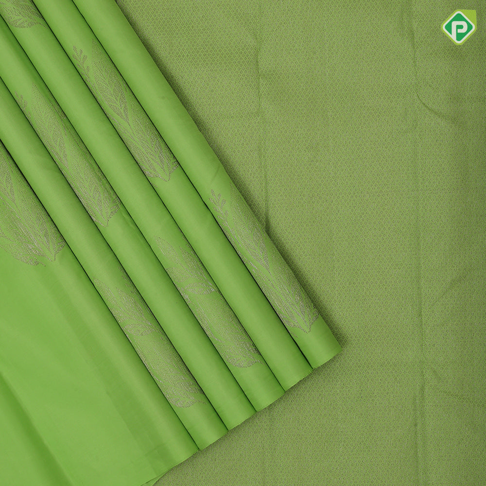 Parrot Green Neem Zari Leaf Design Border Less Fancy Trendy Silk Saree