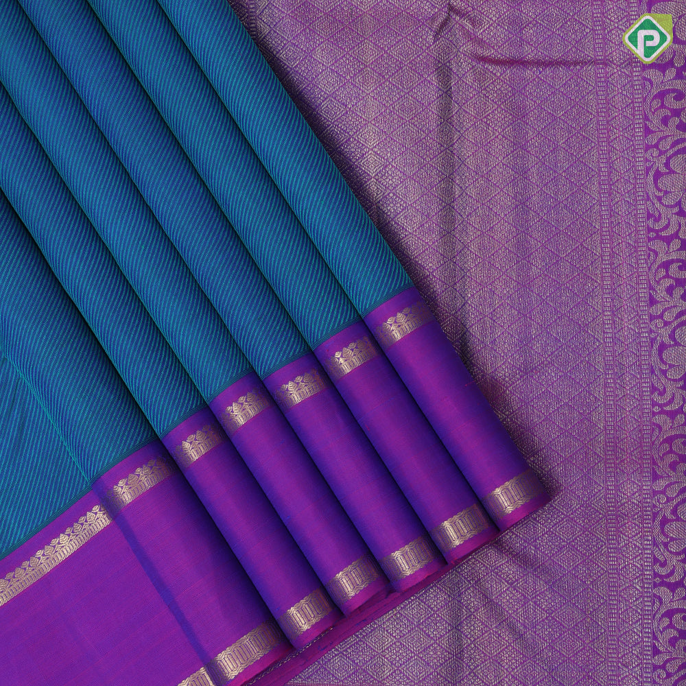 Peacock Blue Cross Lines Design Purple Double Bet Border Design Traditional Silk Saree
