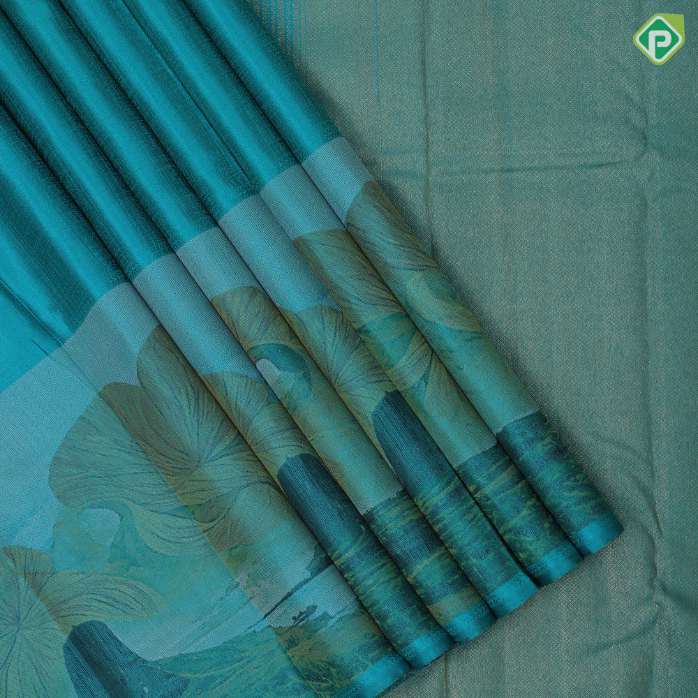 Jade green color nice texture matte finish nature scenery effect art work border signature edition silk saree