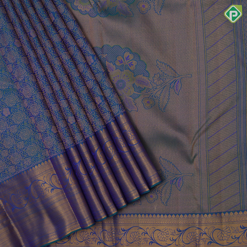 Peacock blue gold zari fancy flower meena work self gold zari rangoli border grand bridal silk saree