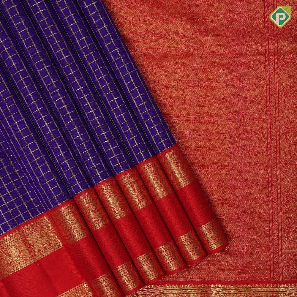 Navy blue gold zari kattam checks contrast rani red gold zari butta rette pett retro traditional silk saree