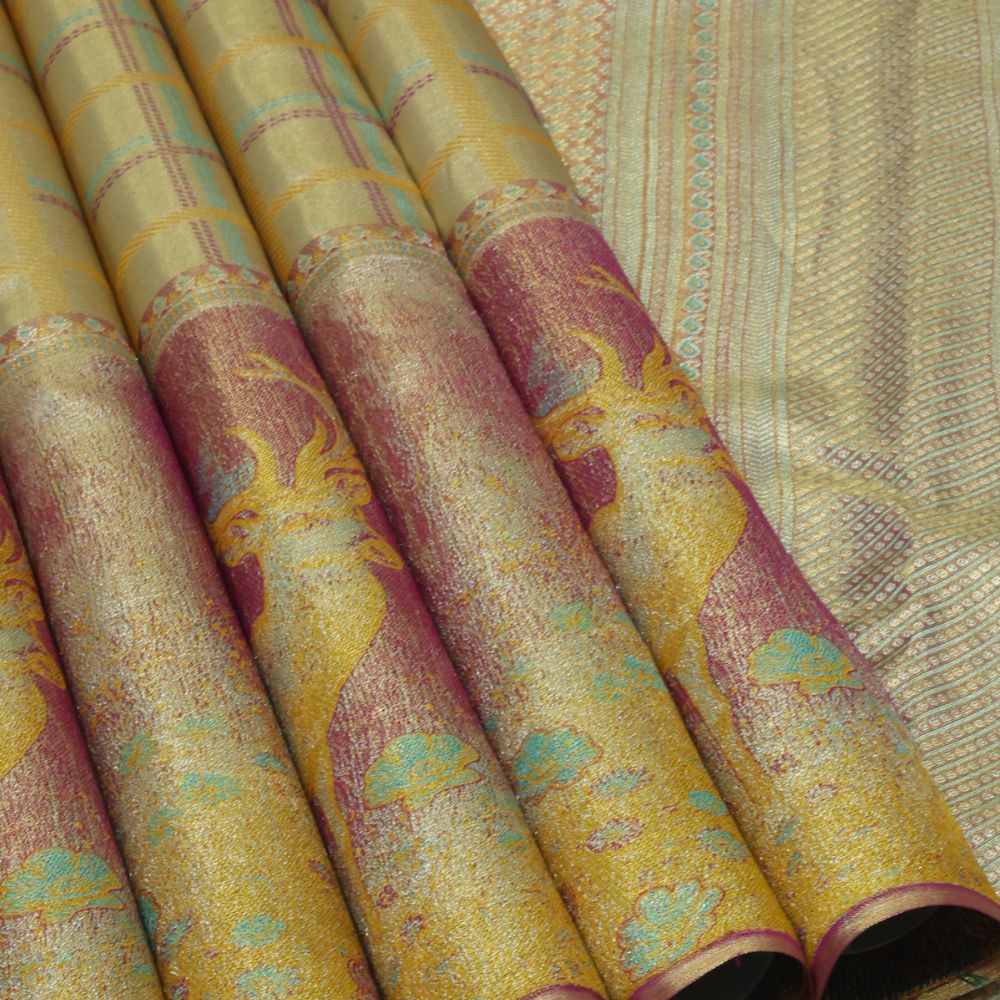 Golden yellow Multi color silk thread checks tropical effect border trendy tissue contemporary silk saree