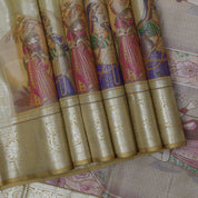 Banana yellow silver zari meera in arch design self silver zari rangoli floral design border tissue silk saree