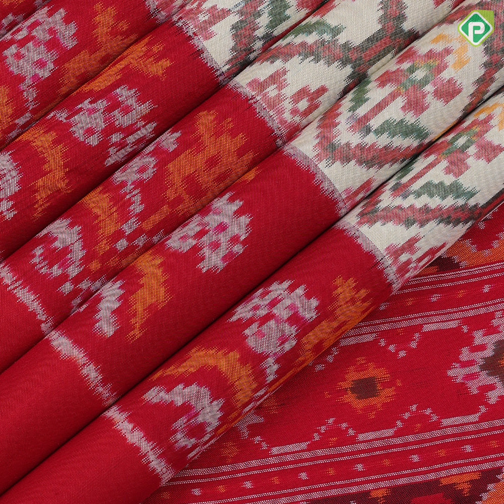 cream white with multi color ikkat design maroon red ikkat design half plain border ikkat silk saree