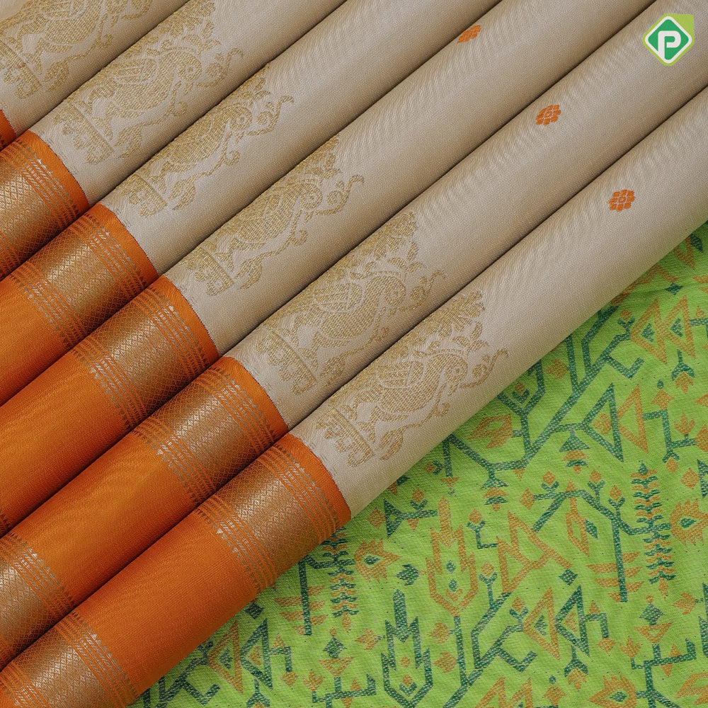 Sandal gold zari thread butta and big Annam butta motifs design orange gold zari retta pett border traditional silk saree