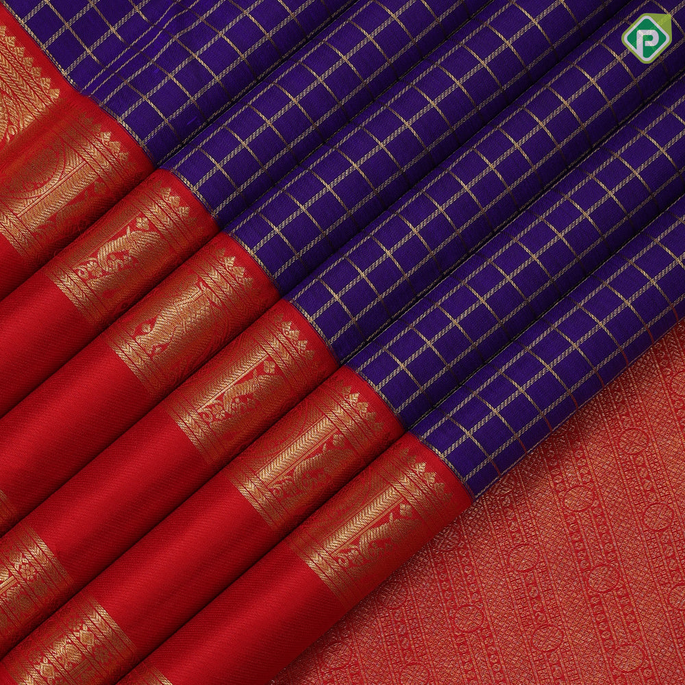 Navy blue gold zari kattam checks contrast rani red gold zari butta rette pett retro traditional silk saree