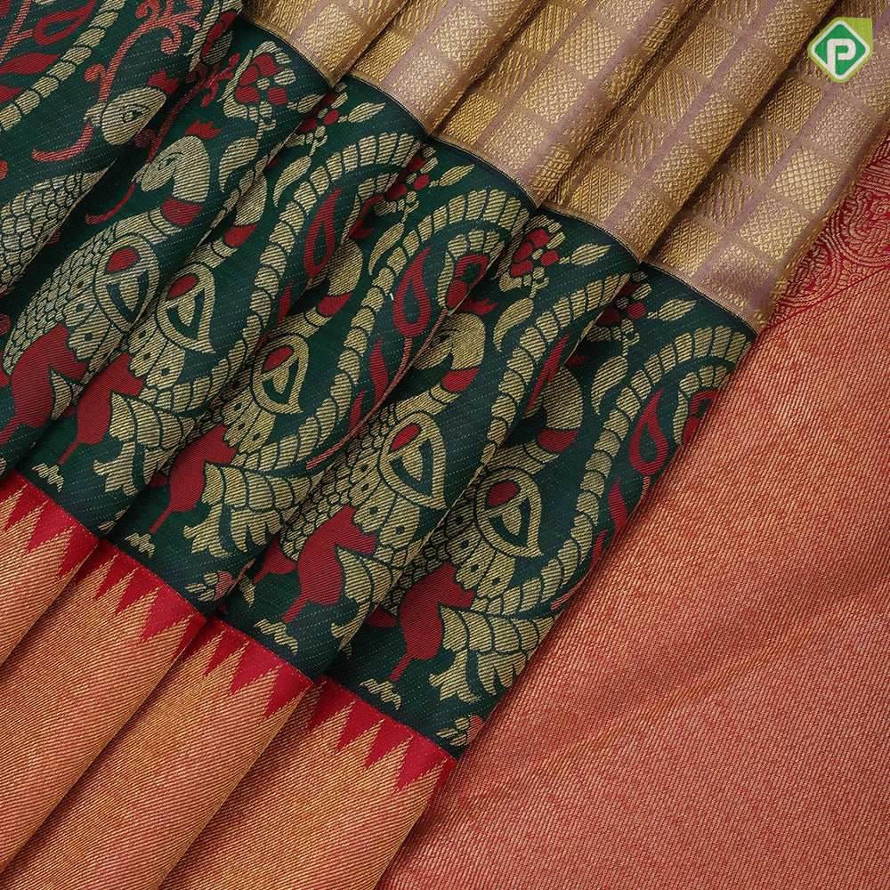 Onion pink gold zari filled Checks design green with gold zari peacock meena work red temple border grand exclusive bridal silk saree